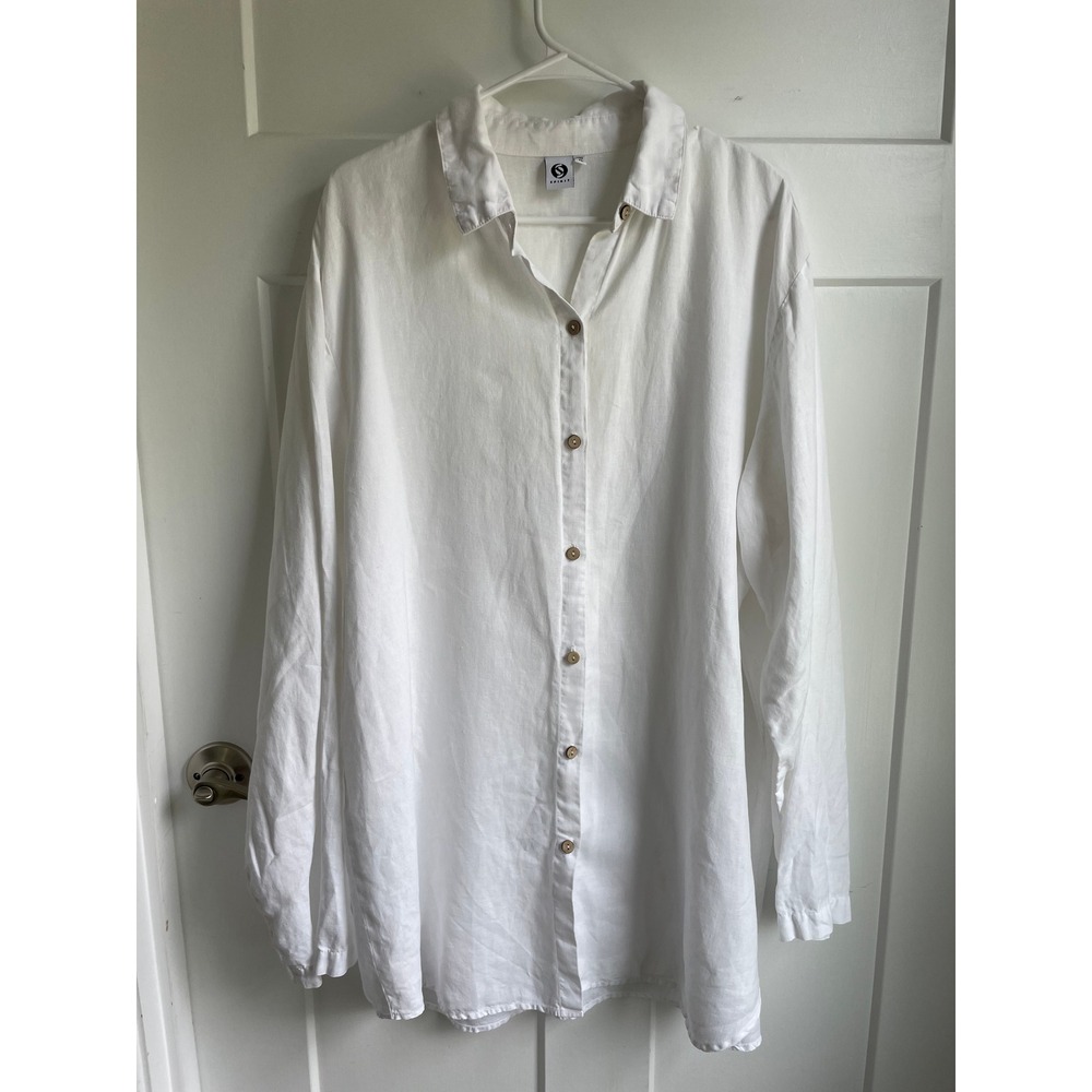 Spirit Womens White 100% Linen Long Sleeve Button Down Shirt XL Oversized Top